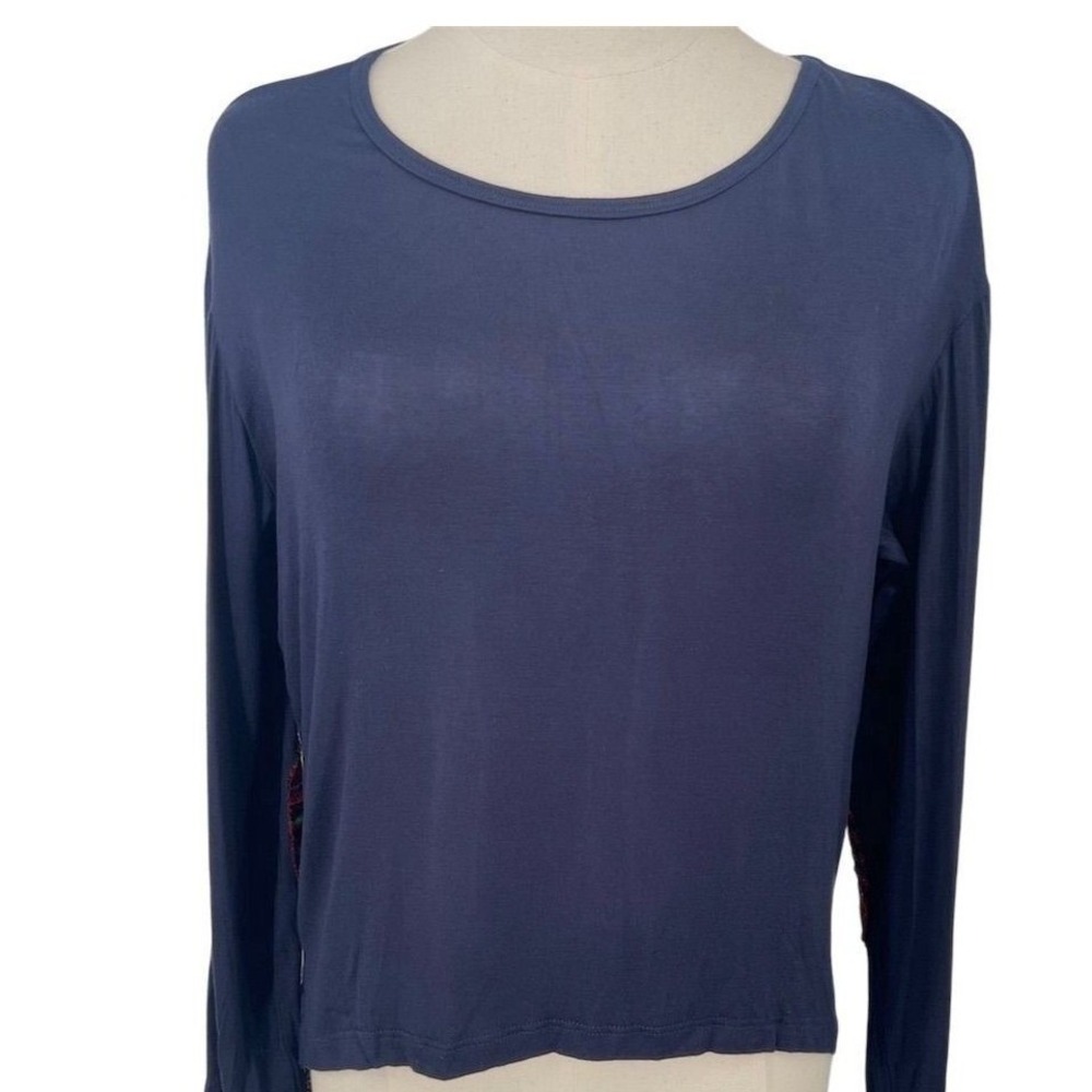 Boho Jane Women's SMALL Blue Long‎ Sleeve Top Relaxed Patch Details Rainbow - AC